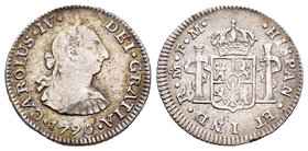 Carlos IV (1788-1808). 1/2 real. 1790. México. FM. (Cal-1284). Ag. 1,66 g.  Busto de Carlos III y ordinal IV. Escasa. BC+. Est...35,00.