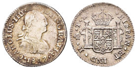 Carlos IV (1788-1808). 1/2 real. 1807. México. TH. (Cal-1302). Ag. 1,66 g. BC+/MBC-. Est...25,00.