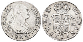 Carlos IV (1788-1808). 2 reales. 1802. Madrid. FA. (Cal-973). Ag. 5,86 g. Oxidaciones superficiales limpiadas en anverso. MBC/MBC+. Est...50,00.