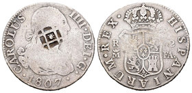 Carlos IV (1788-1808). 2 reales. 1807. Madrid. FA. (Cal-978). Ag. 5,48 g. Resello de Matanzas, Cuba. MBC. Est...40,00.