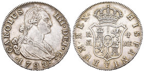 Carlos IV (1788-1808). 4 reales. 1792. Madrid. MF. (Cal-825). Ag. 13,29 g. Atractivo tono. EBC-. Est...140,00.