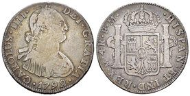 Carlos IV (1788-1808). 4 reales. 1792. México. FM. (Cal-842). Ag. 13,22 g. BC+. Est...50,00.