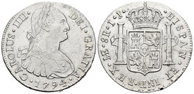Carlos IV (1788-1808). 8 reales. 1794. Lima. IJ. (Cal-648). Ag. 26,90 g. Mínimas oxidaciones superficiales. EBC-. Est...110,00.