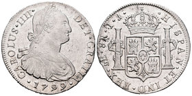 Carlos IV (1788-1808). 8 reales. 1799. Lima. IJ. (Cal-654). Ag. 26,69 g. Dos golpes en el canto. EBC-. Est...110,00.