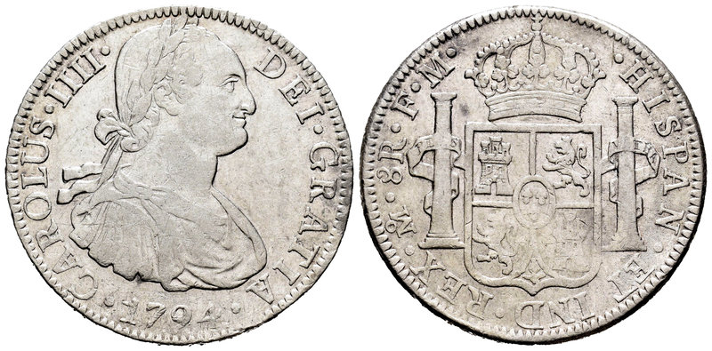 Carlos IV (1788-1808). 8 reales. 1794. México. FM. (Cal-687). Ag. 26,86 g. MBC. ...