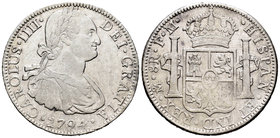 Carlos IV (1788-1808). 8 reales. 1794. México. FM. (Cal-687). Ag. 26,86 g. MBC. Est...60,00.