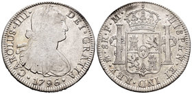 Carlos IV (1788-1808). 8 reales. 1796. México. FM. (Cal-690). Ag. 26,86 g. BC+. Est...45,00.