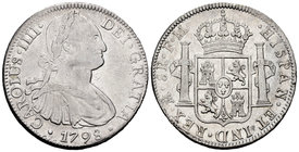 Carlos IV (1788-1808). 8 reales. 1798. México. FM. (Cal-692). Ag. 26,88 g. Rayitas. MBC+. Est...90,00.