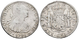 Carlos IV (1788-1808). 8 reales. 1798. México. FM. (Cal-692). Ag. 26,88 g. Golpecito en el canto. BC+/MBC-. Est...50,00.