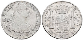 Carlos IV (1788-1808). 8 reales. 1799. México. FM. (Cal-694). Ag. 26,83 g. MBC-/MBC. Est...75,00.