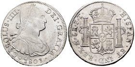 Carlos IV (1788-1808). 8 reales. 1801. México. FT. (Cal-697). Ag. 27,01 g. Pequeños restos de brillo original. MBC+. Est...70,00.