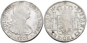 Carlos IV (1788-1808). 8 reales. 1801. México. FM. (Cal-696). Ag. 26,99 g. Vano en reverso. MBC-/MBC. Est...75,00.