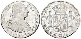 Carlos IV (1788-1808). 8 reales. 1803. México. FT. (Cal-699). Ag. 26,86 g. Brillo original y leves rayas en anverso. EBC+. Est...120,00.