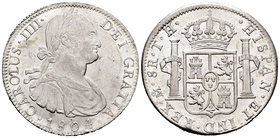 Carlos IV (1788-1808). 8 reales. 1804. México. TH. (Cal-701). Ag. 27,01 g. Rayitas. Restos de brillo original. MBC+/EBC-. Est...120,00.