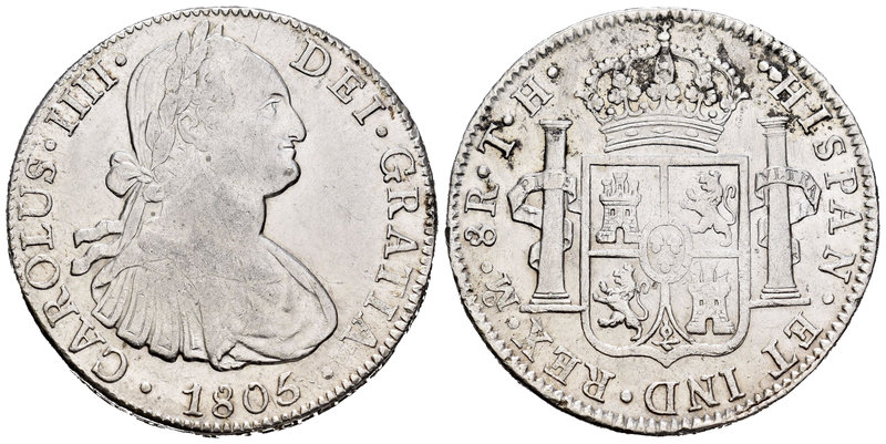 Carlos IV (1788-1808). 8 reales. 1805. México. TH. (Cal-703). Ag. 26,86 g. MBC. ...
