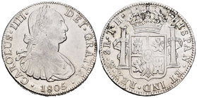 Carlos IV (1788-1808). 8 reales. 1805. México. TH. (Cal-703). Ag. 26,86 g. MBC. Est...70,00.