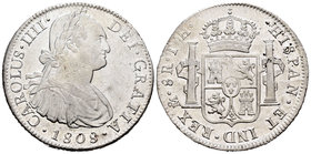 Carlos IV (1788-1808). 8 reales. 1808. México. TH. (Cal-709). Ag. 27,01 g. Restos de brillo original. MBC+. Est...75,00.