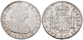 Carlos IV (1788-1808). 8 reales. 1808. México. TH. (Cal-709). Ag. 26,91 g. Golpecito en el canto. MBC+. Est...80,00.