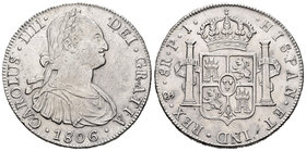 Carlos IV (1788-1808). 8 reales. 1806. Potosí. PJ. (Cal-730). Ag. 26,94 g. Ligeramente limpiada, aún así buen ejemplar. EBC. Est...120,00.