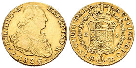 Carlos IV (1788-1808). 2 escudos. 1806. Madrid. FA. (Cal-349). 6,12 g. Estuvo en aro. MBC-. Est...210,00.