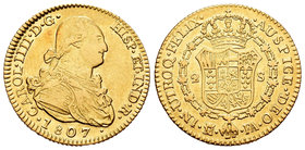 Carlos IV (1788-1808). 2 escudos. 1807. Madrid. FA. (Cal-350). Au. 6,73 g. Leve golpecito en canto. MBC. Est...260,00.