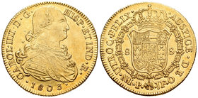Carlos IV (1788-1808). 8 escudos. 1803. Popayán. JF. (Cal-82). (Cal onza-1066). Au. 26,98 g. MBC+/EBC-. Est...1000,00.