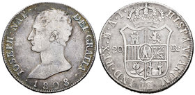 José Napoleón (1808-1814). 20 reales. 1808. Madrid. AI. (Cal-23). Ag. 26,50 g. Rara. MBC-/MBC. Est...300,00.