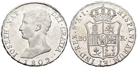José Napoleón (1808-1814). 20 reales. 1809. Madrid. AI. (Cal-24). Ag. 26,93 g. Rayitas. Brillo original. MBC+/EBC. Est...300,00.