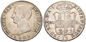 José Napoleón (1808-1814). 20 reales. 1809. Madrid. AI. (Cal-24). Ag. 26,44 g. Pátina. MBC/MBC+. Est...250,00.