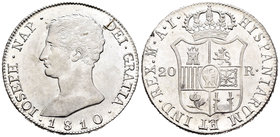 José Napoleón (1808-1814). 20 reales. 1810. Madrid. AI. (Cal-25). Ag. 26,63 g. Ínfimas rayitas. Brillo original. Buen ejemplar. EBC+/SC-. Est...600,00...