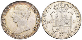 José Napoleón (1808-1814). 20 reales. 1810. Madrid. AI. (Cal-25). Ag. 26,48 g. Águila grande. Rayitas. MBC+. Est...250,00.
