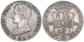 José Napoleón (1808-1814). 20 reales. 1811. Madrid. AI. (Cal-29). Ag. 26,97 g. Águila pequeña. Tono. EBC-. Est...350,00.