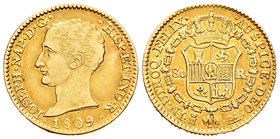 José Napoleón (1808-1814). 80 reales. 1809. Madrid. AI. (Cal-7). Au. 6,76 g. Bonito color. Escasa. MBC+. Est...500,00.