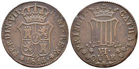 Fernando VII (1808-1833). 6 cuartos. 1814. Barcelona. (Cal-1518). Ae. 12,54 g. Rosetas de 5 pétalos. Punto después de VI. Golpes. MBC-. Est...45,00.