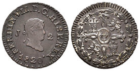 Fernando VII (1808-1833). 2 maravedís. 1820. Jubia. (Cal-1587). Ae. 2,77 g. MBC+. Est...30,00.