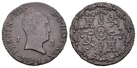 Fernando VII (1808-1833). 2 maravedís. 1824. Jubia. (Cal-1589). Ae. 2,79 g. MBC/MBC+. Est...45,00.