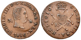 Fernando VII (1808-1833). 3 maravedís. 1826. Pamplona. (Cal-1644). Ae. 6,09 g. Escudo entre P - P. MBC+. Est...70,00.