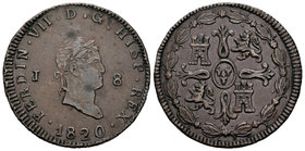 Fernando VII (1808-1833). 8 maravedís. 1820. Jubia. (Cal-1554 variante). Ae. 10,20 g. Variante por cabeza pequeña. MBC+. Est...80,00.