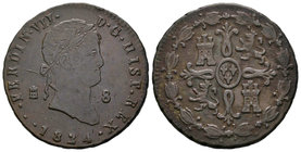 Fernando VII (1808-1833). 8 maravedís. 1824. Segovia. (Cal-1684 variante). Ae. 11,66 g. Con 3 puntos a la izquierda de la fecha. Escasa. MBC+. Est...7...
