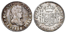Fernando VII (1808-1833). 1/2 real. 1818. México. JJ. (Cal-1350). Ag. 1,68 g. MBC-. Est...35,00.