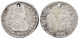 Fernando VII (1808-1833). 1 real. 1819. Zacatecas. AG. (Cal-1251). Ag. 3,22 g. Busto imaginario. Agujero. Escasa. BC+. Est...50,00.
