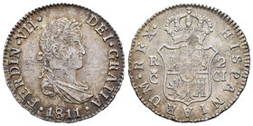 Fernando VII (1808-1833). 2 reales. 1811. Cádiz. CI. (Cal-837). Ag. 5,97 g. Ligera plata agria. Tono. MBC+. Est...60,00.