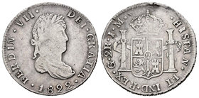 Fernando VII (1808-1833). 2 reales. 1822. Guanajuato. JM. (Cal-878). Ag. 6,65 g. Escasa. BC+. Est...60,00.