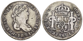 Fernando VII (1808-1833). 2 reales. 1821. Zacatecas. AG. (Cal-1079). Ag. 6,32 g. Escasa. BC+. Est...40,00.