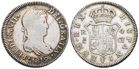 Fernando VII (1808-1833). 4 reales. 1812. Cádiz. CJ. (Cal-704). Ag. 13,30 g. Escasa. MBC-/MBC. Est...100,00.