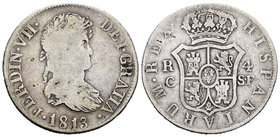 Fernando VII (1808-1833). 4 reales. 1813. Cataluña. SF. (Cal-713). Ag. 12,97 g. Busto grande laureado. Muy rara. BC+. Est...400,00.