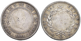 Fernando VII (1808-1833). 10 reales. 1821. Santander. LT. (Cal-799). Ag. 13,07 g. Tipo "cabezón". Módulo de 4 reales. BC+. Est...50,00.