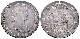 Fernando VII (1808-1833). 4 reales. 1824. Sevilla. JB. (Cal-814). Ag. 13,45 g. Prueba en el canto. MBC-. Est...70,00.