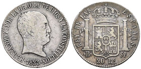 Fernando VII (1808-1833). 20 reales. 1823. Barcelona. SP. (Cal-369). Ag. 26,43 g. Tipo "cabezón". Escasa. MBC-. Est...160,00.