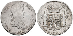 Fernando VII (1808-1833). 8 reales. 1824. Cuzco. T. (Cal-385). Ag. 26,75 g. Escasa. MBC-/MBC+. Est...210,00.